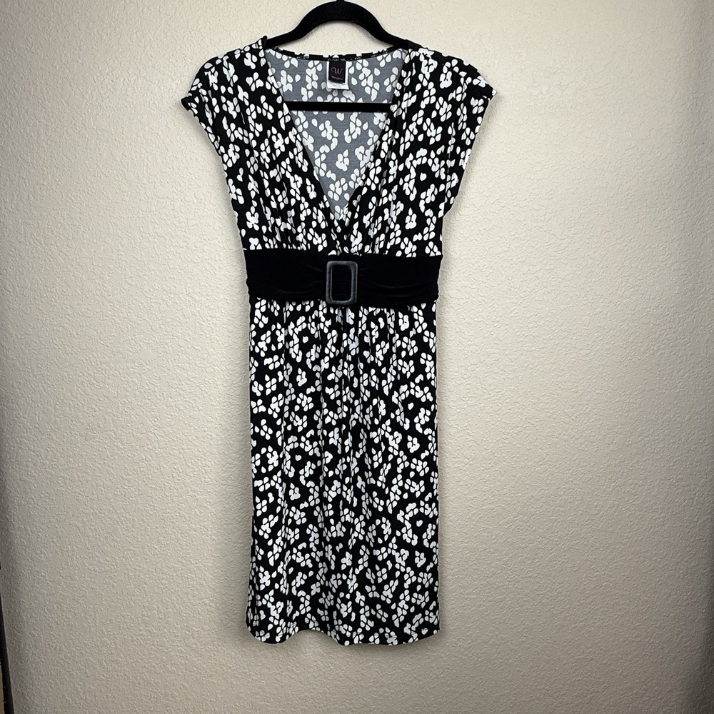 Vtg Wrapper Y2K Mod Black/White Empire Waist Faux Belt Tie Back Midi Dress Sz M - Picture 4 of 10